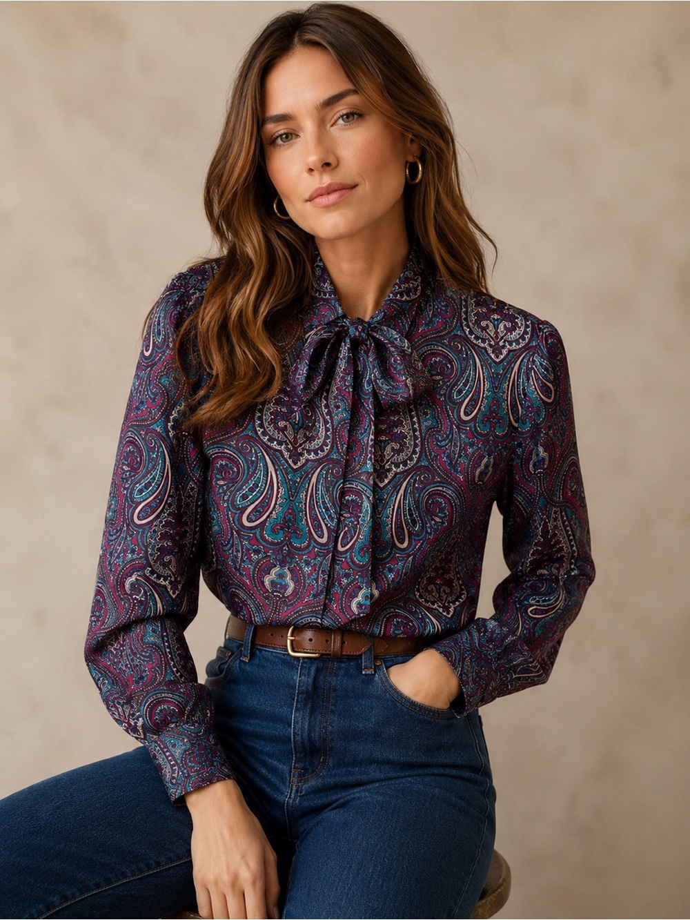 Vintage Country Suburbans Paisley Neck Tie Bow Tie Neck Blouse Sz 12 USA
